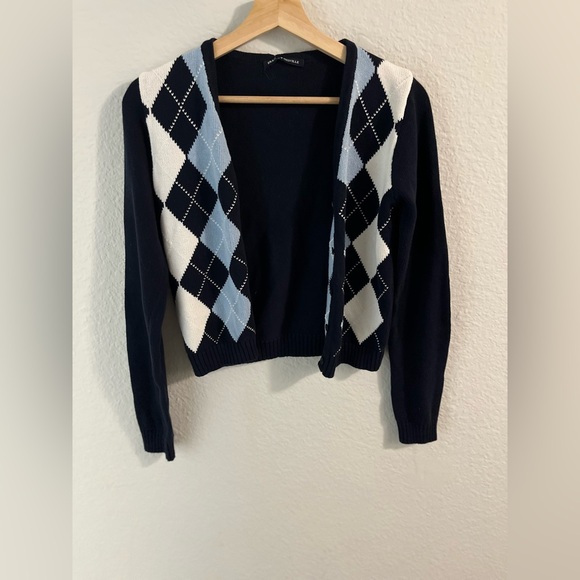 Brandy Melville Argyle Cardigan Sweater Button Front, Preppy Academia black blue - Picture 6 of 7